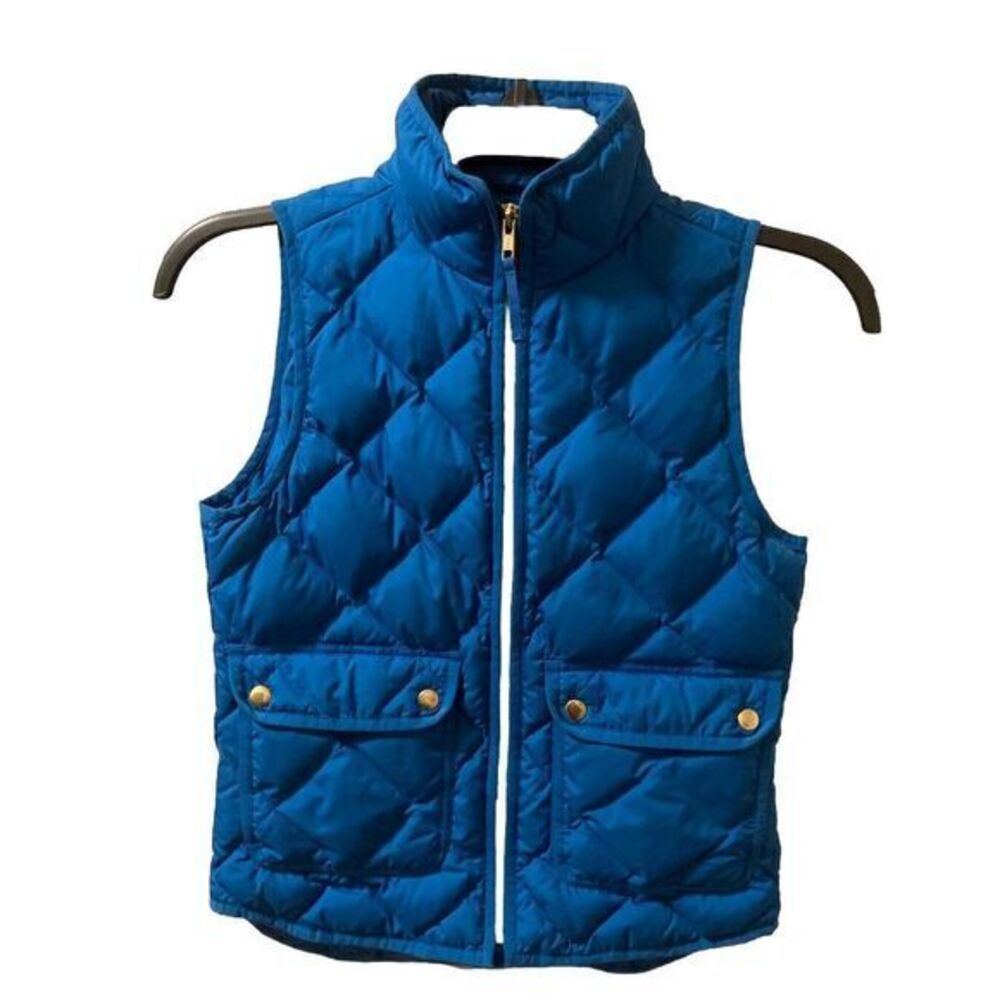 J. Crew Down Puffer Vest Quilted Blue GOLD Hardware Sz XXS Patch Pockets